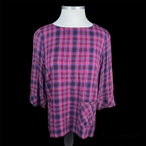 J. Jill Plaid Flannel Button Front Pocket Blouse Tunic Size Large - Picture 1 of 4